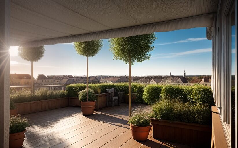 Sonnige Dachterrasse mit Pflanzen und Stadtblick